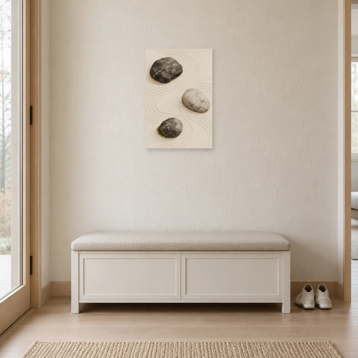 Affiche Japandi Galets sur sable ratissé dans une entrée ou un couloir - Art Virtuoso