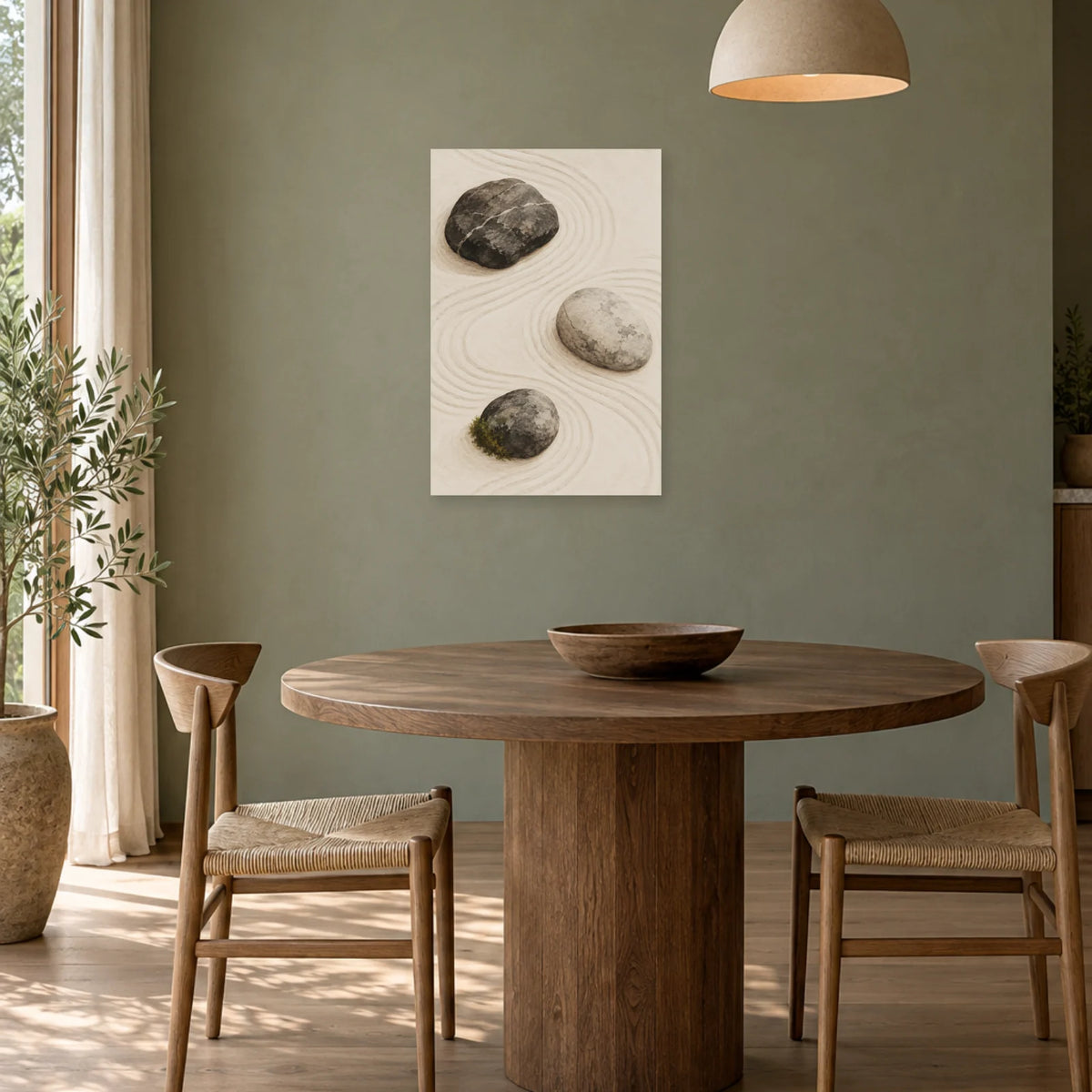 Affiche Japandi Galets sur sable ratissé dans une salle à manger - Art Virtuoso