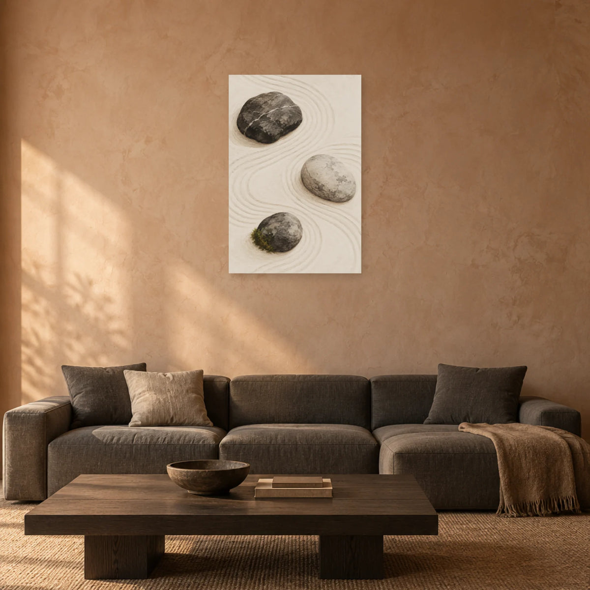 Affiche Japandi Galets sur sable ratissé dans un salon - Art Virtuoso