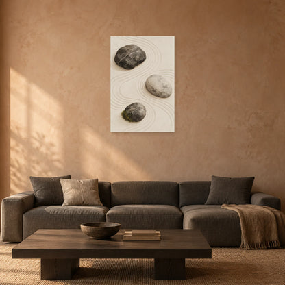Affiche Japandi Galets sur sable ratissé dans un salon - Art Virtuoso