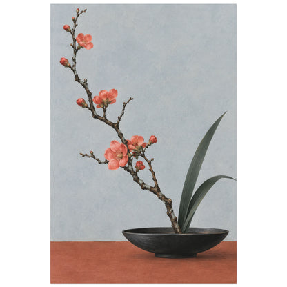 Affiche Japandi Ikebana au coing fleuri, illustration botanique / lavis et gouache verticale, format 30 × 45 cm