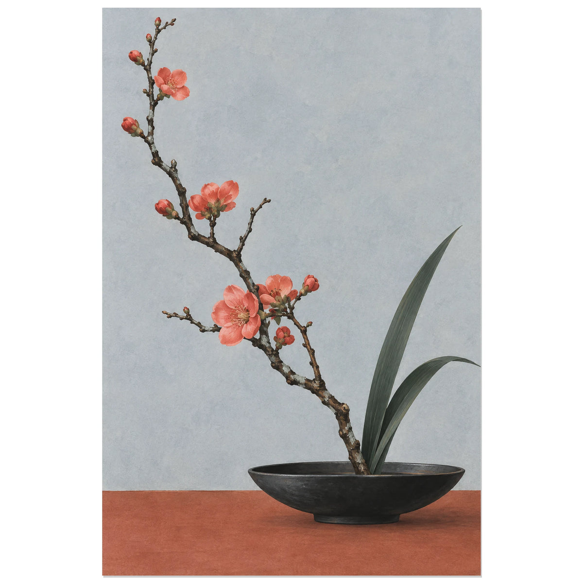 Affiche Japandi Ikebana au coing fleuri, illustration botanique / lavis et gouache verticale, format 40 × 60 cm