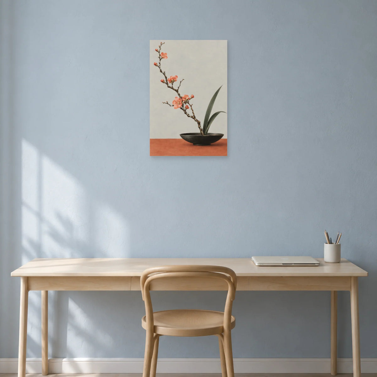 Affiche Japandi Ikebana au coing fleuri dans un bureau - Art Virtuoso