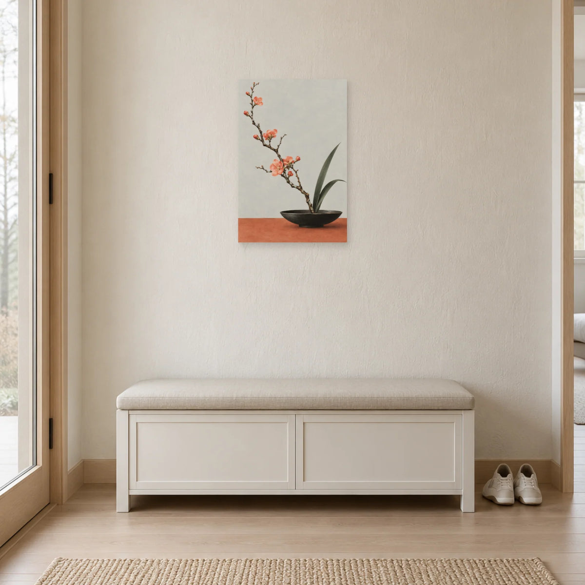 Affiche Japandi Ikebana au coing fleuri dans une entrée ou un couloir - Art Virtuoso
