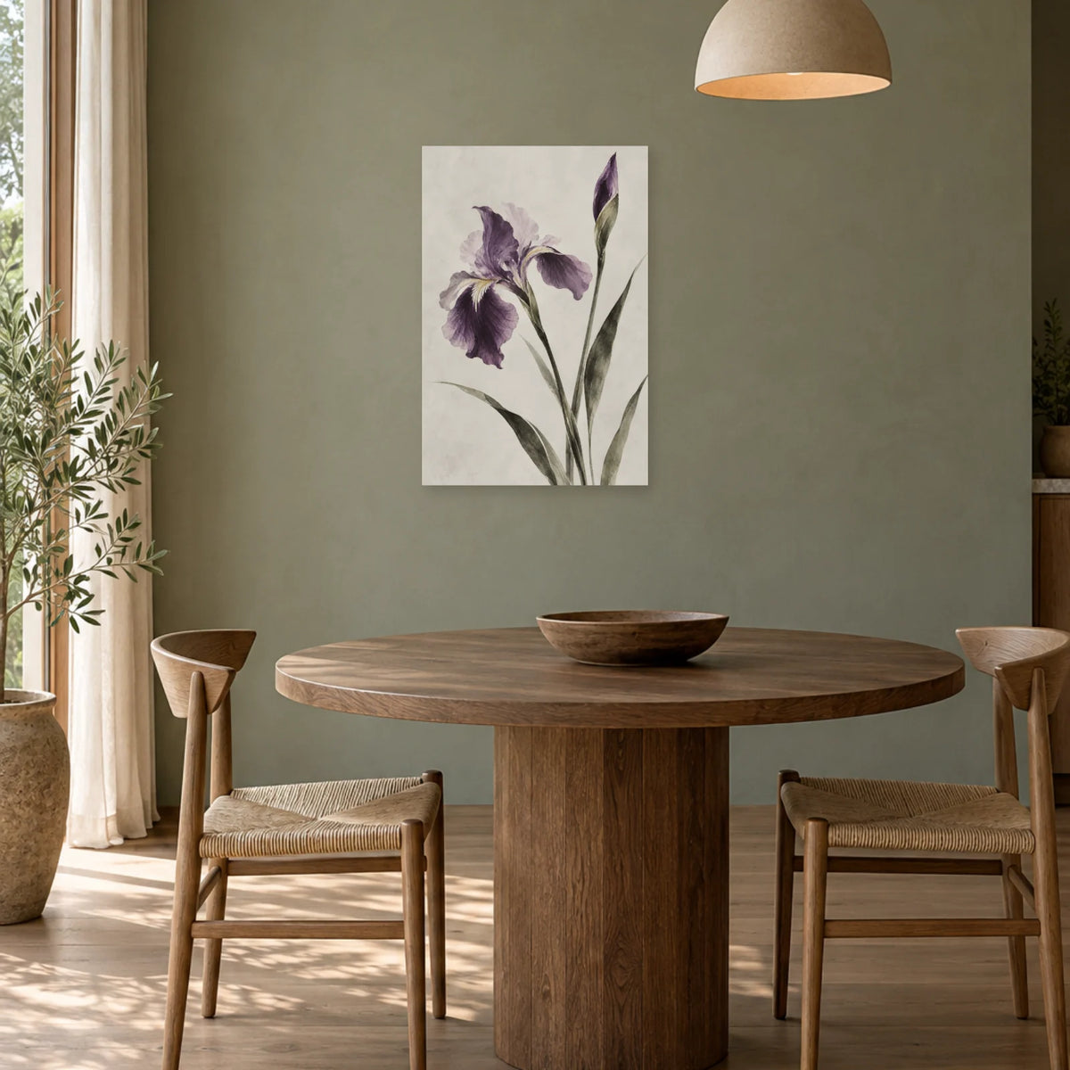 Affiche Japandi Iris à l'encre violette dans une salle à manger - Art Virtuoso