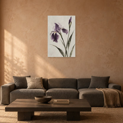 Affiche Japandi Iris à l'encre violette dans un salon - Art Virtuoso