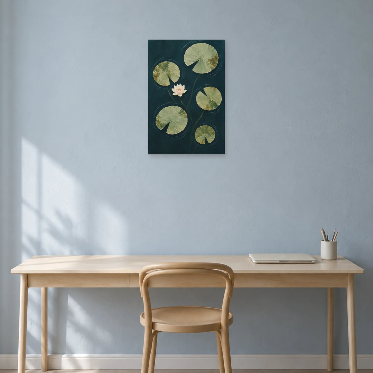 Affiche Japandi Nénuphars sur étang d'encre dans un bureau - Art Virtuoso
