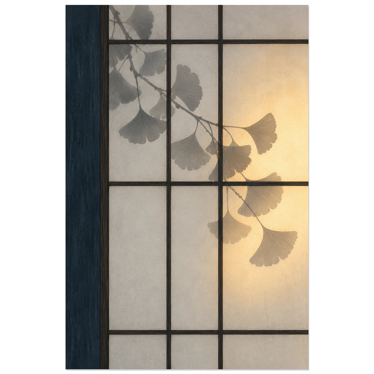 Affiche Japandi Shoji et ombre de feuille, illustration graphique / jeu d'ombre et de lumière verticale, format 30 × 45 cm