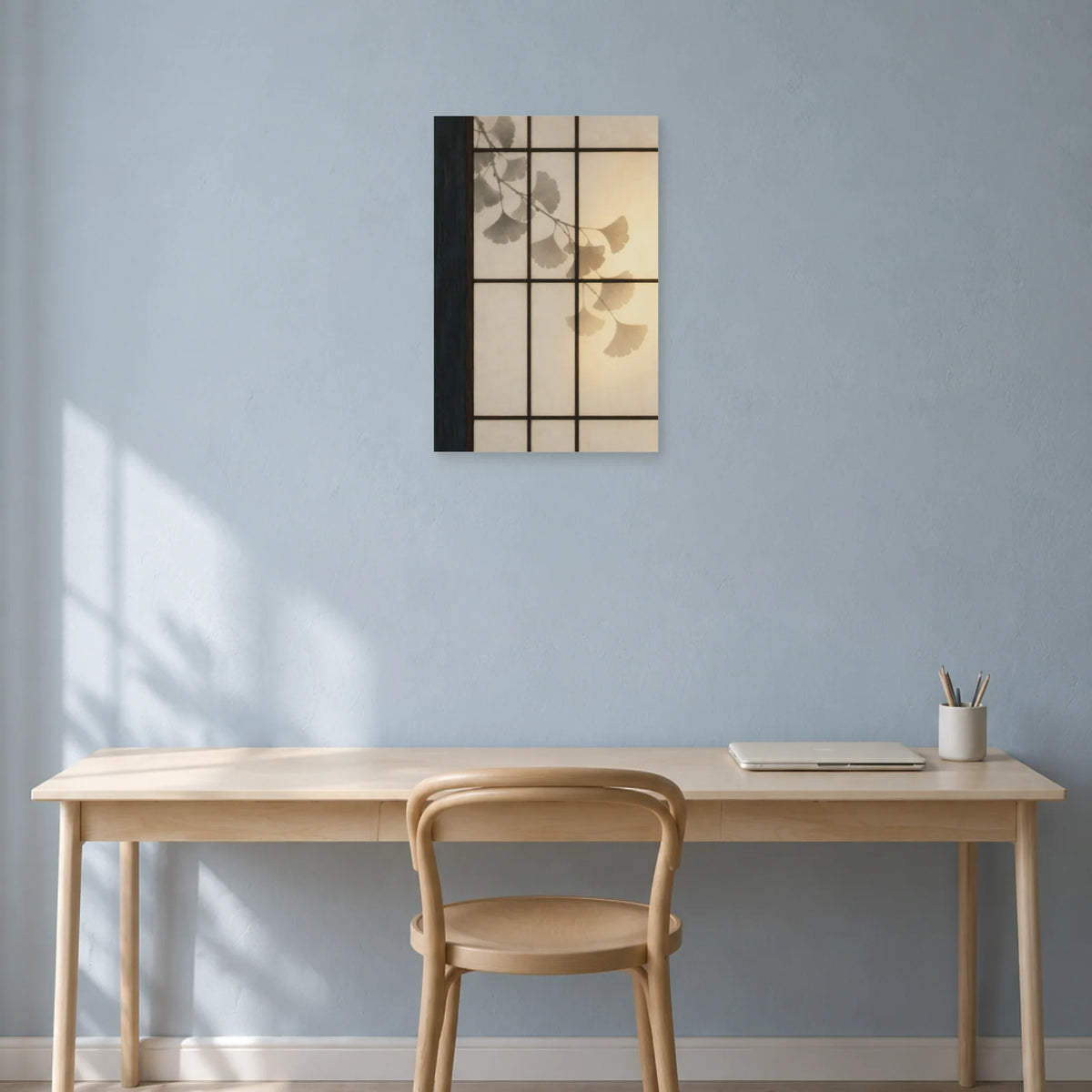 Affiche Japandi Shoji et ombre de feuille dans un bureau - Art Virtuoso