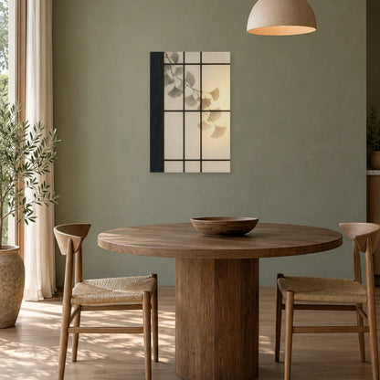 Affiche Japandi Shoji et ombre de feuille dans une salle à manger - Art Virtuoso