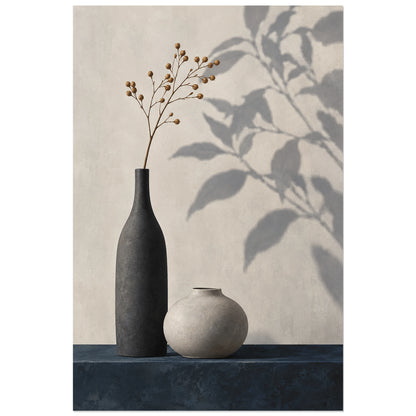 Affiche Japandi Vases contrastés et ombre végétale, nature morte peinte / illustration minimaliste verticale, format 30 × 45 cm