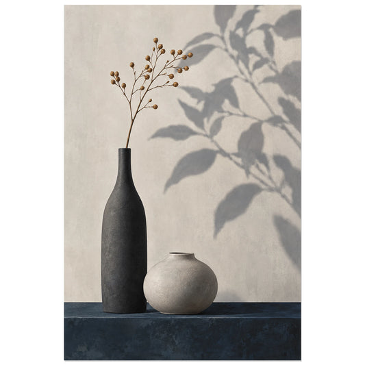Affiche Japandi Vases contrastés et ombre végétale, nature morte peinte / illustration minimaliste verticale, format 30 × 45 cm