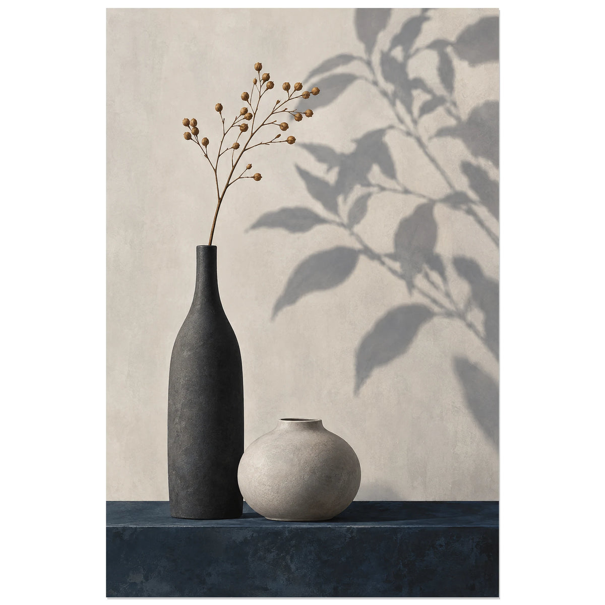 Affiche Japandi Vases contrastés et ombre végétale, nature morte peinte / illustration minimaliste verticale, format 40 × 60 cm