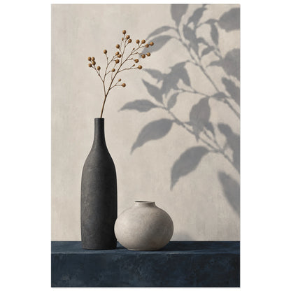 Affiche Japandi Vases contrastés et ombre végétale, nature morte peinte / illustration minimaliste verticale, format 40 × 60 cm