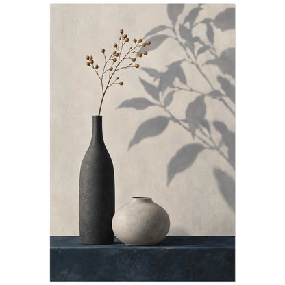 Affiche Japandi Vases contrastés et ombre végétale, nature morte peinte / illustration minimaliste verticale, format 60 × 90 cm