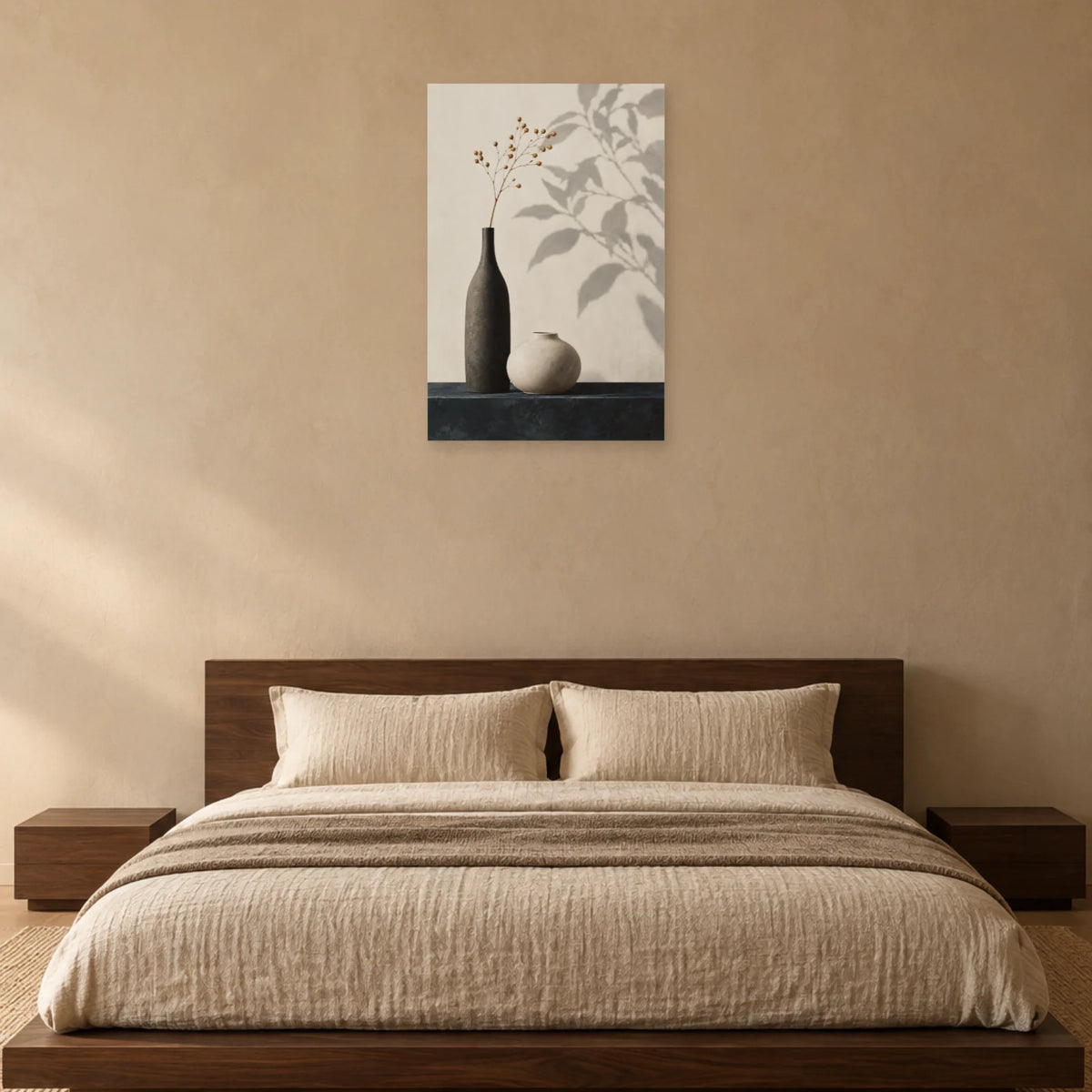 Affiche Japandi Vases contrastés et ombre végétale dans une chambre - Art Virtuoso