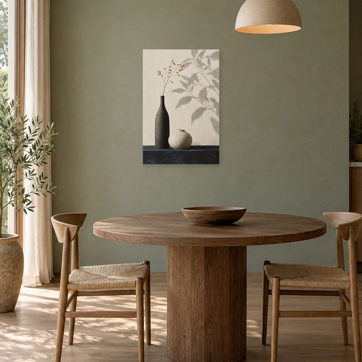 Affiche Japandi Vases contrastés et ombre végétale dans une salle à manger - Art Virtuoso