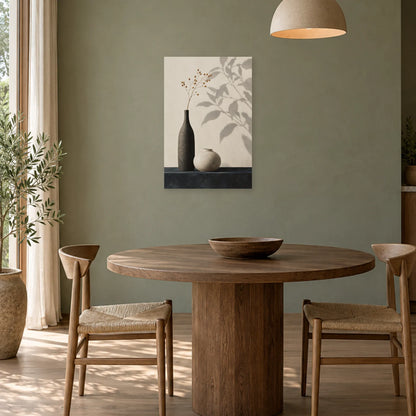 Affiche Japandi Vases contrastés et ombre végétale dans une salle à manger - Art Virtuoso