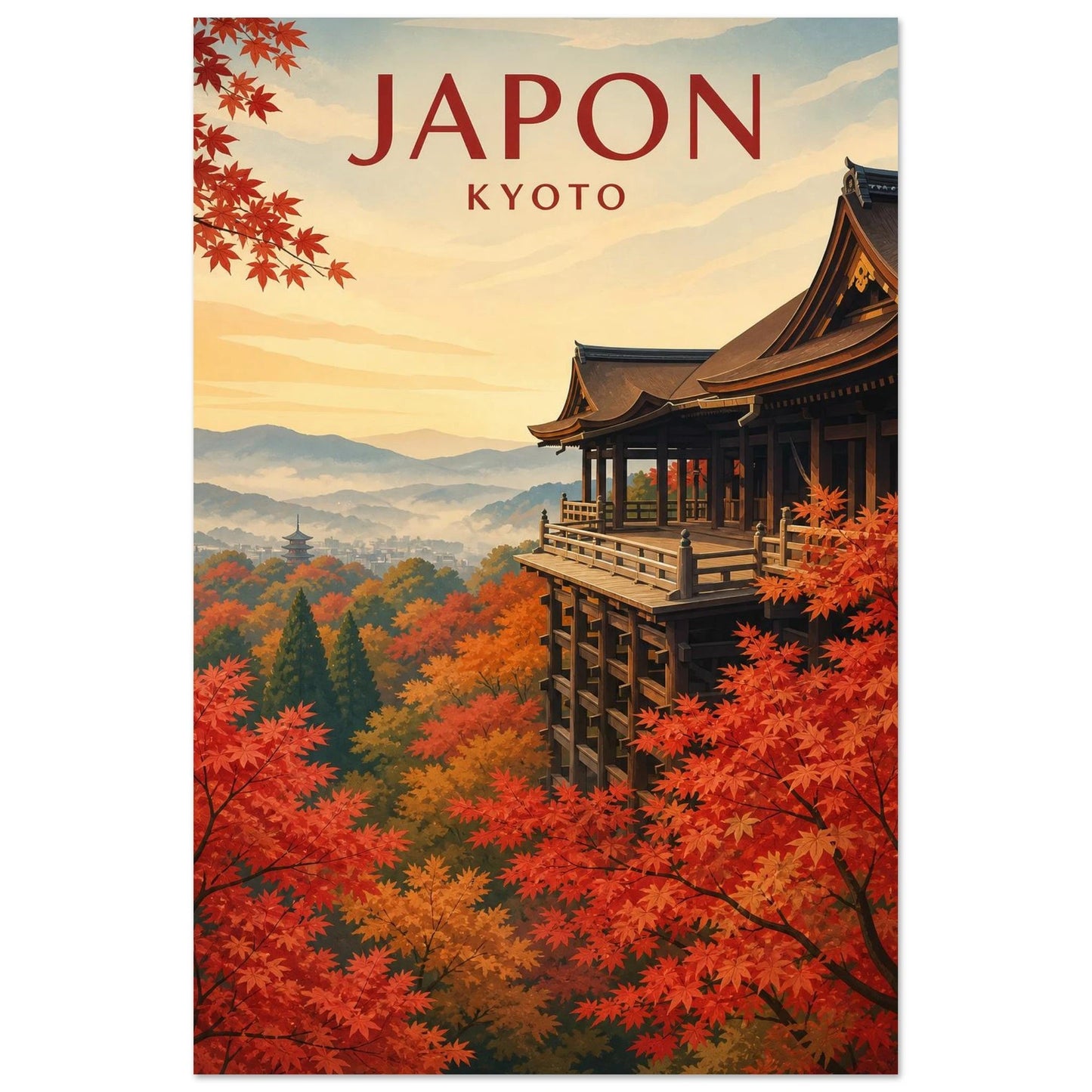 Affiche Japon – Kyoto, affiche de voyage picturale et texturée, inspirée des paysages japonais d'automne verticale, format 30 × 45 cm