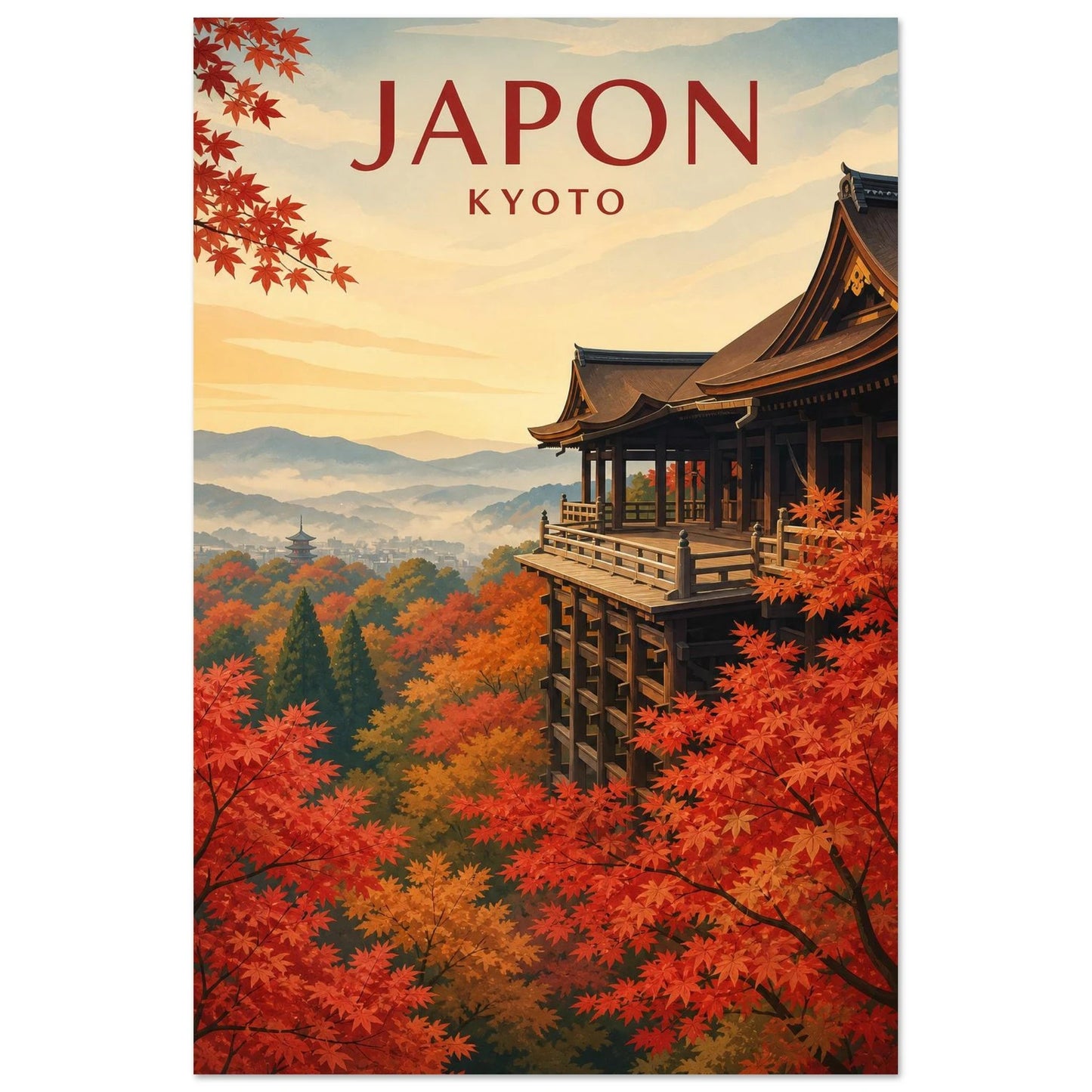 Affiche Japon – Kyoto, affiche de voyage picturale et texturée, inspirée des paysages japonais d'automne verticale, format 60 × 90 cm