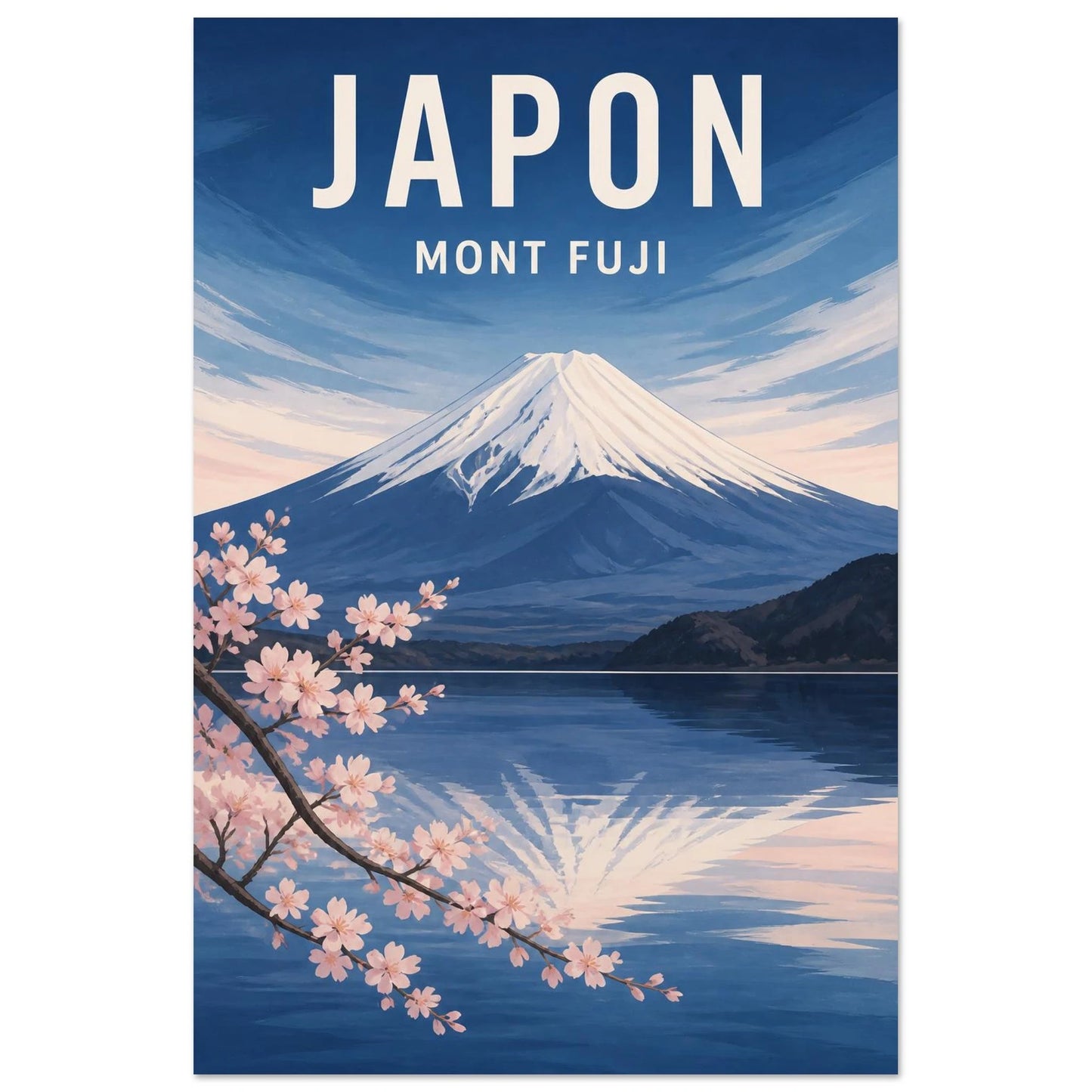 Affiche Japon – Mont Fuji, gouache graphique de voyage aux aplats profonds et aux textures de papier verticale, format 30 × 45 cm
