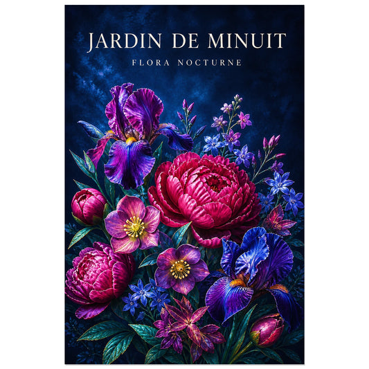 Affiche Jardin de Minuit – Flora Nocturne, illustration florale nocturne verticale, format 30 × 45 cm