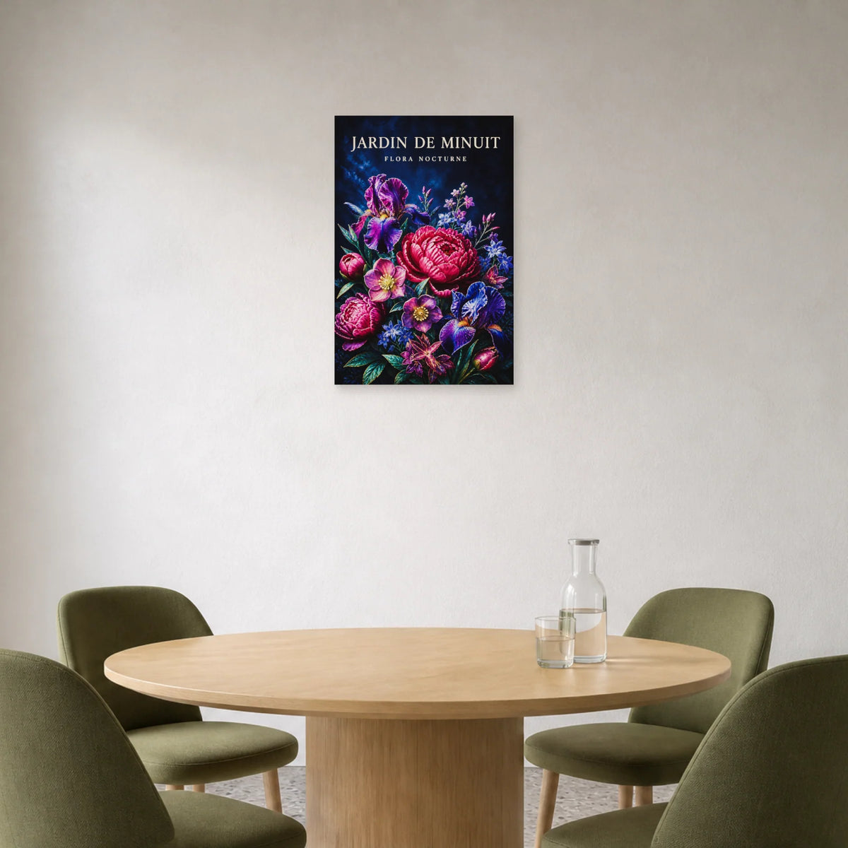 Affiche Jardin de Minuit – Flora Nocturne dans une salle à manger - Art Virtuoso