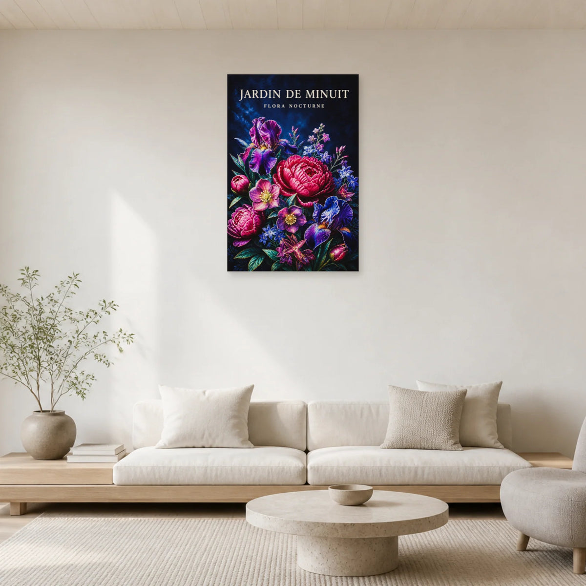 Affiche Jardin de Minuit – Flora Nocturne dans un salon - Art Virtuoso