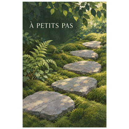 Fougères et pas japonais sous le titre À petits pas, affiche 40 × 60 cm
