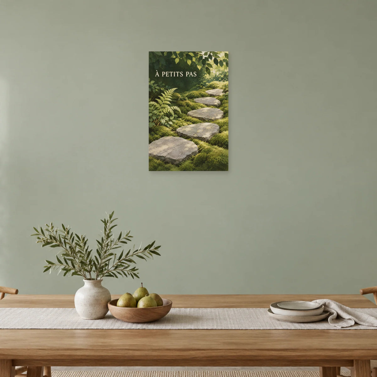 Affiche Jardin zen - Les pas dans la mousse dans une salle à manger - Art Virtuoso