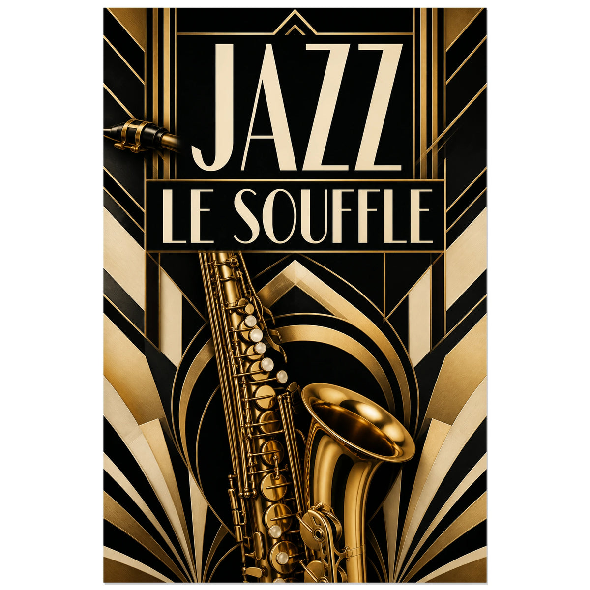 Affiche Jazz Art déco – Le souffle, composition art déco symétrique verticale, format 30 × 45 cm