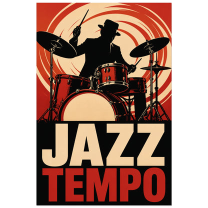 Affiche Jazz et batterie – Tempo, sérigraphie musicale rétro verticale, format 40 × 60 cm