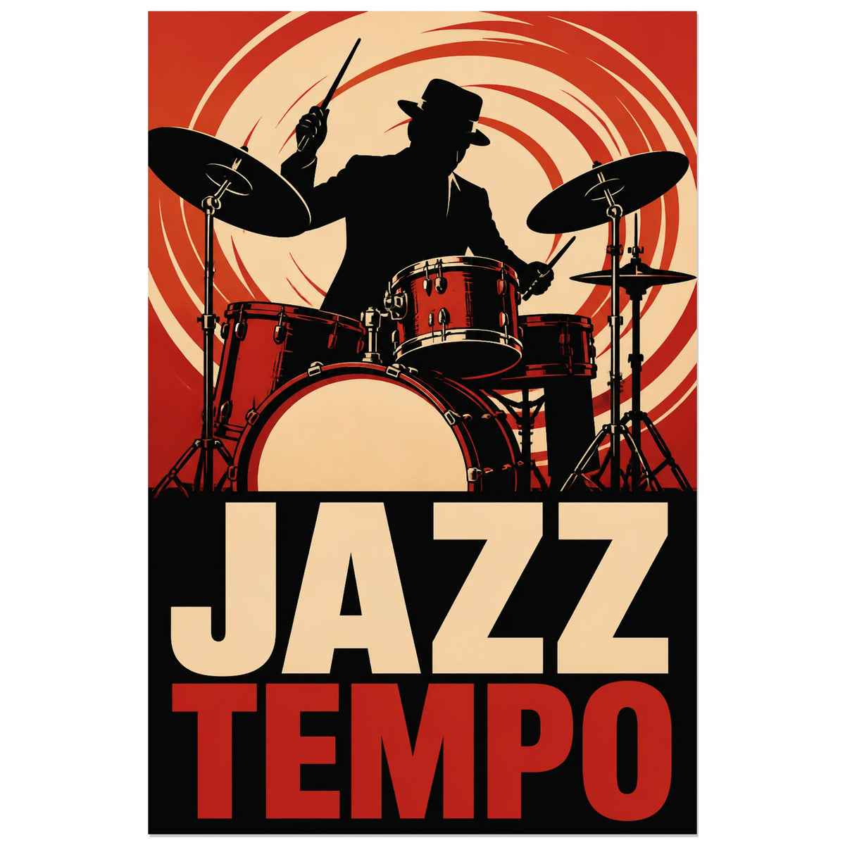 Affiche Jazz et batterie – Tempo, sérigraphie musicale rétro verticale, format 60 × 90 cm