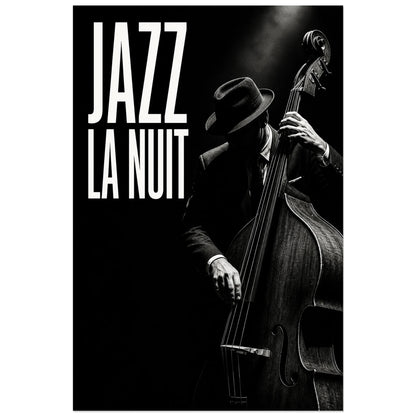 Affiche Jazz noir et blanc - La nuit, photographie de jazz monochrome a fort contraste verticale, format 40 × 60 cm