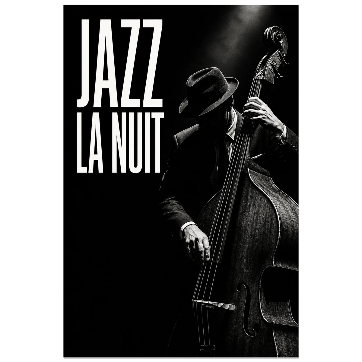 Affiche Jazz noir et blanc - La nuit, photographie de jazz monochrome a fort contraste verticale, format 60 × 90 cm
