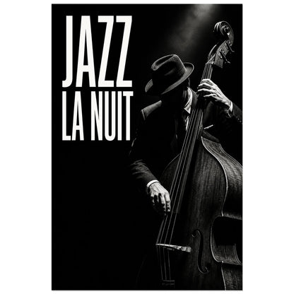 Affiche Jazz noir et blanc - La nuit, photographie de jazz monochrome a fort contraste verticale, format 60 × 90 cm