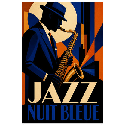 Affiche Jazz – Nuit bleue, illustration art déco géométrique à fort contraste verticale, format 40 × 60 cm