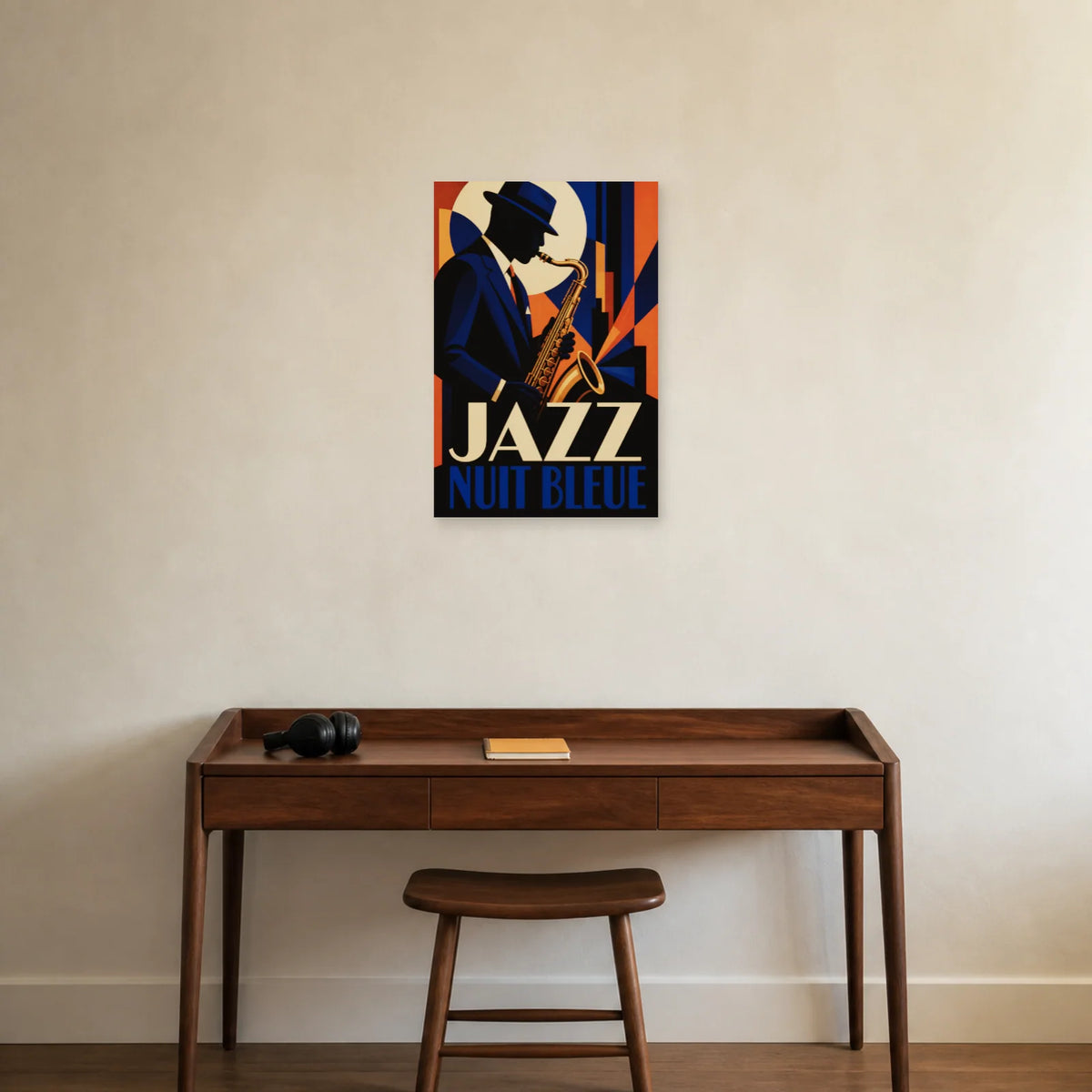 Affiche Jazz – Nuit bleue dans un bureau - Art Virtuoso