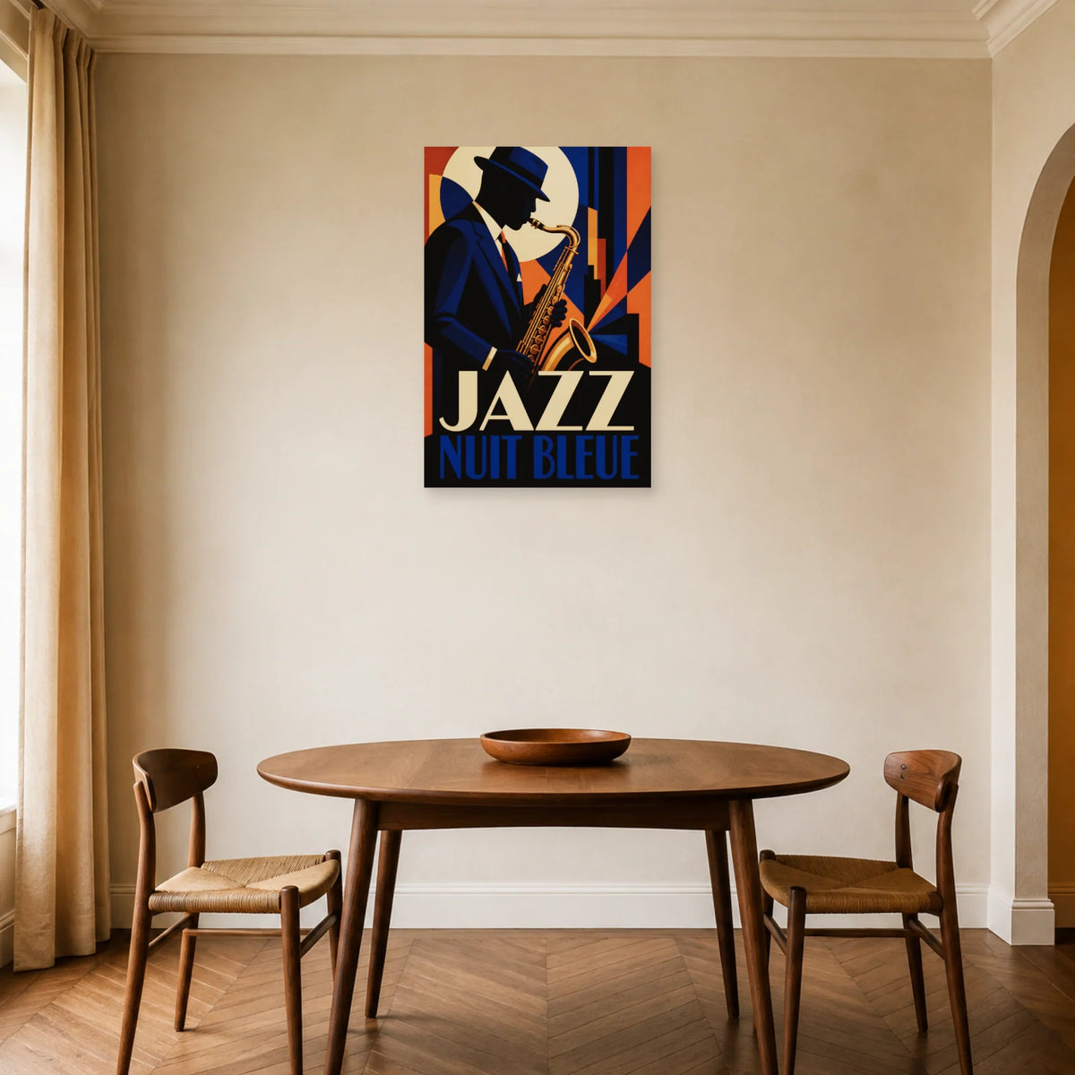 Affiche Jazz – Nuit bleue dans une salle à manger - Art Virtuoso