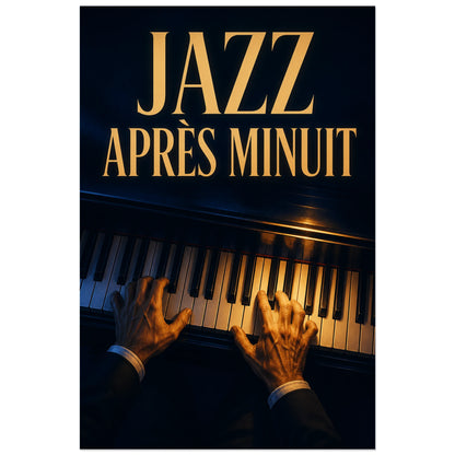 Affiche Jazz et piano – Après minuit, illustration éditoriale réaliste nocturne verticale, format 40 × 60 cm