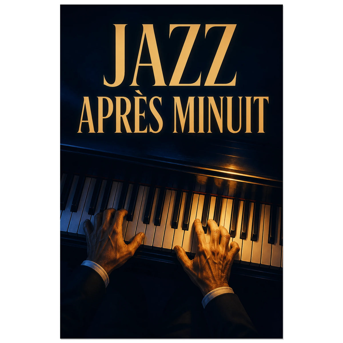 Affiche Jazz et piano – Après minuit, illustration éditoriale réaliste nocturne verticale, format 60 × 90 cm
