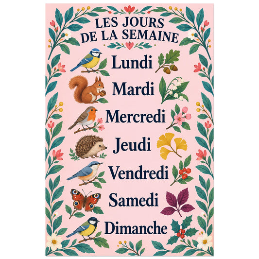 Liste des jours de la semaine entourée de fleurs et d'animaux, affiche 30 × 45 cm