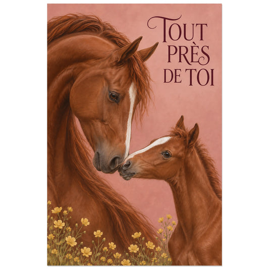 Affiche Jument et poulain – Le lien tendre, peinture réaliste / affiche romantique verticale, format 30 × 45 cm