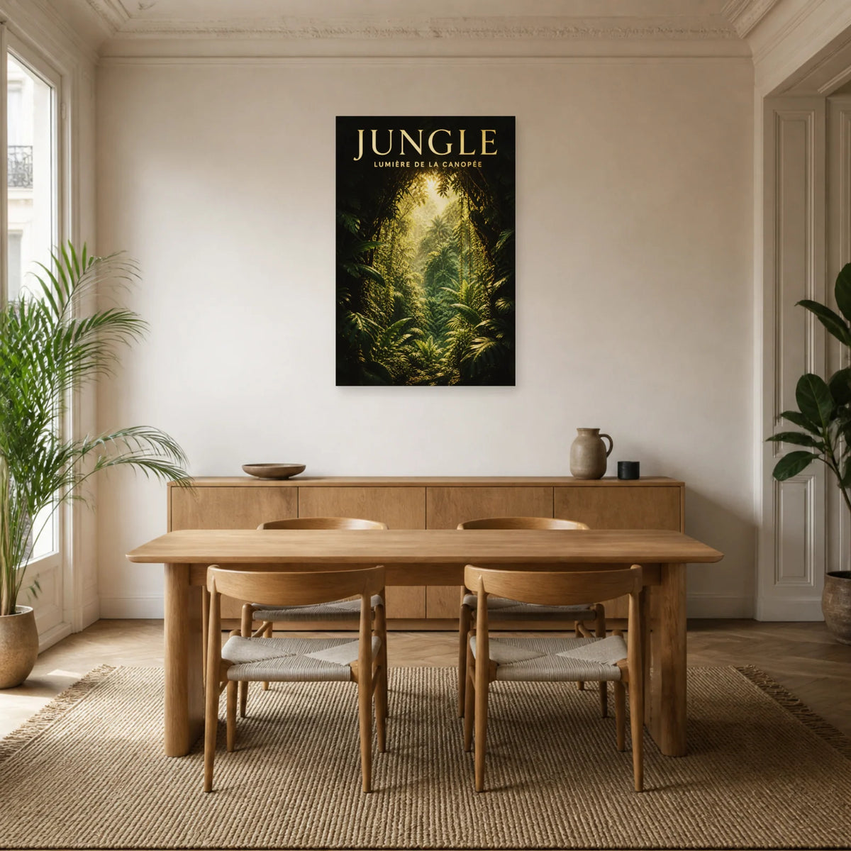 Affiche Jungle – Lumière dans la canopée dans une salle à manger - Art Virtuoso