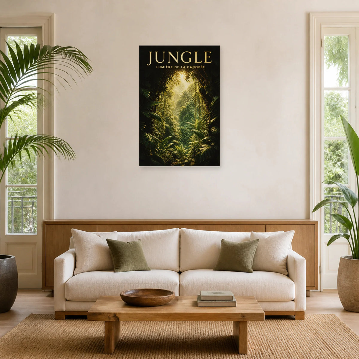 Affiche Jungle – Lumière dans la canopée dans un salon - Art Virtuoso