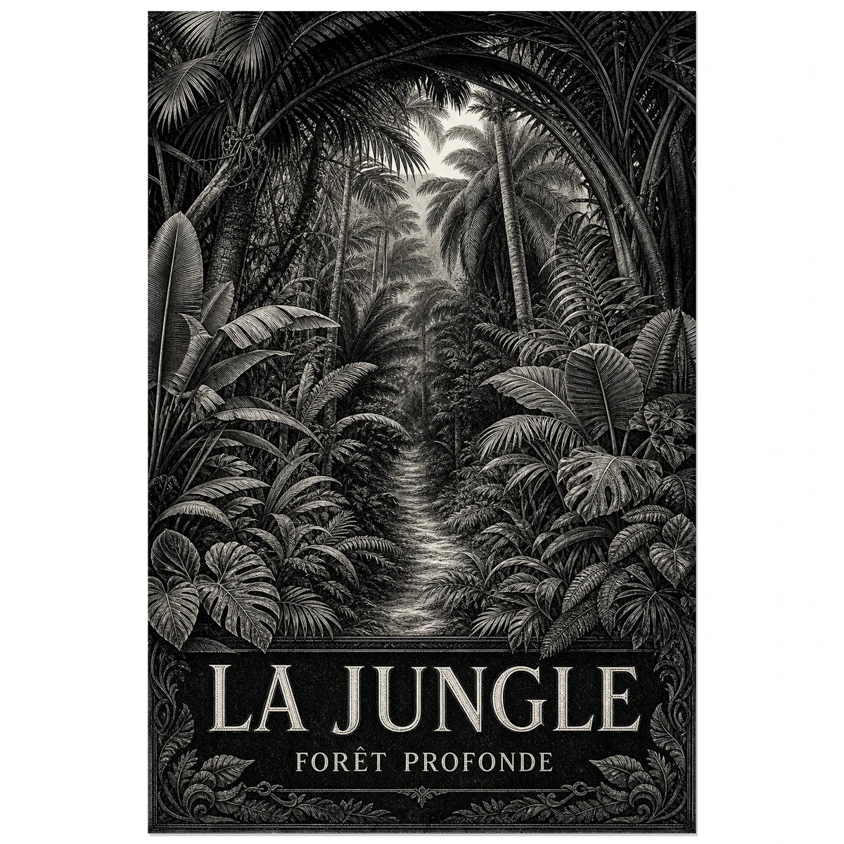Affiche La jungle – Forêt profonde, gravure botanique monochrome originale à composition immersive verticale, format 30 × 45 cm