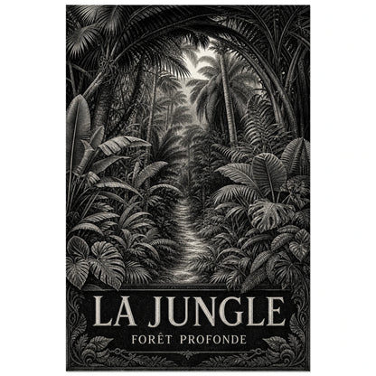 Affiche La jungle – Forêt profonde, gravure botanique monochrome originale à composition immersive verticale, format 30 × 45 cm