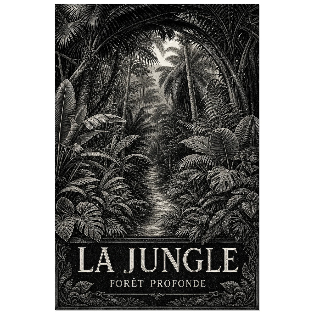 Affiche La jungle – Forêt profonde, gravure botanique monochrome originale à composition immersive verticale, format 40 × 60 cm
