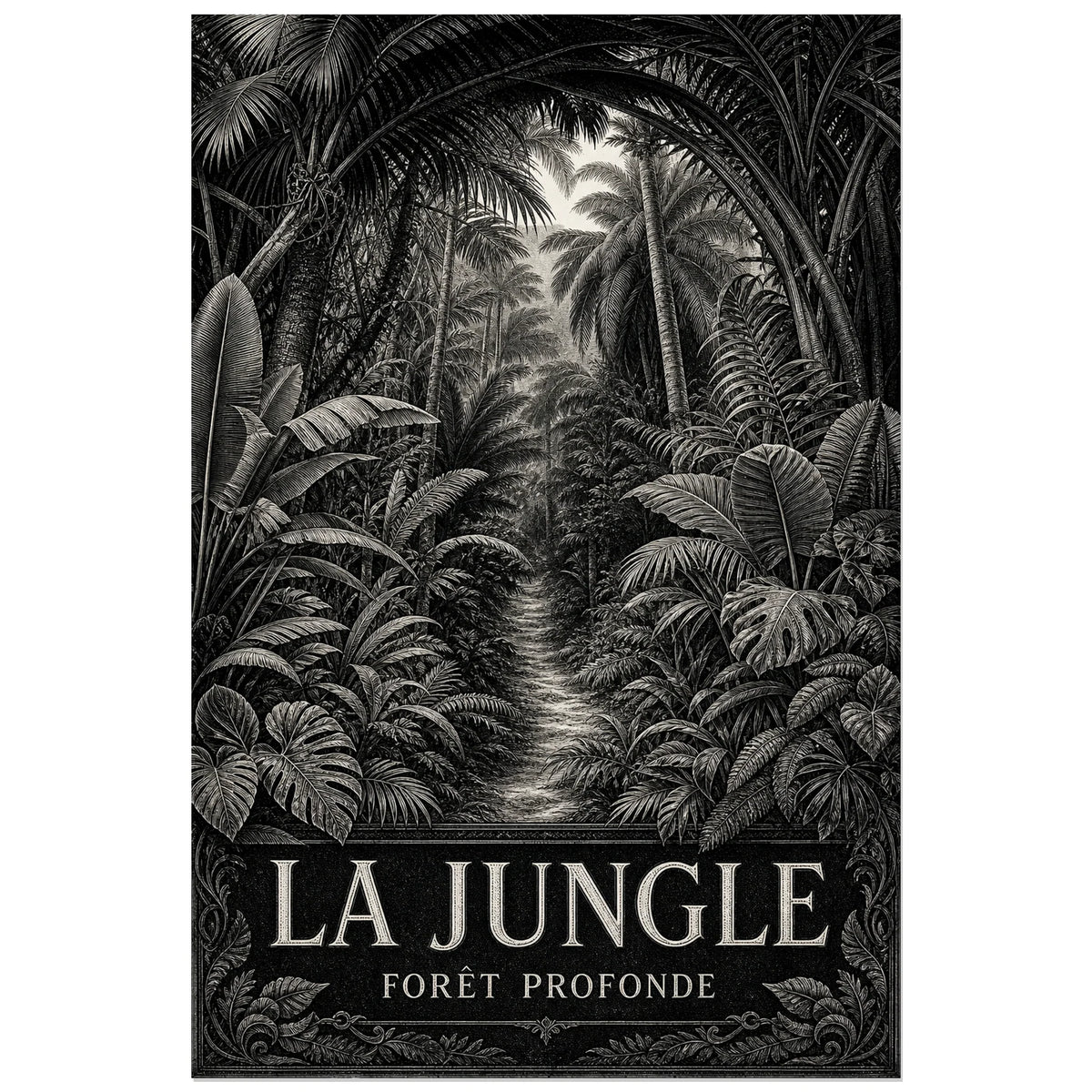 Affiche La jungle – Forêt profonde, gravure botanique monochrome originale à composition immersive verticale, format 60 × 90 cm