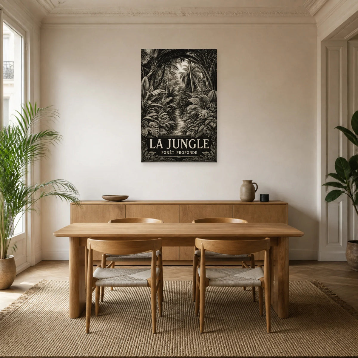 Affiche Jungle – Gravure noir et blanc dans une salle à manger - Art Virtuoso